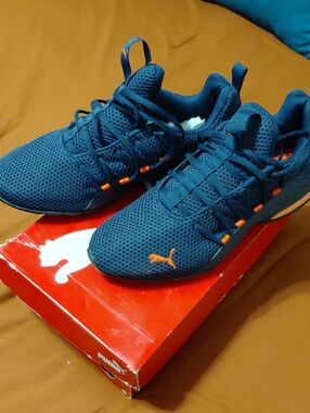 Puma Blue Athletic Sneakers with Orange Accents